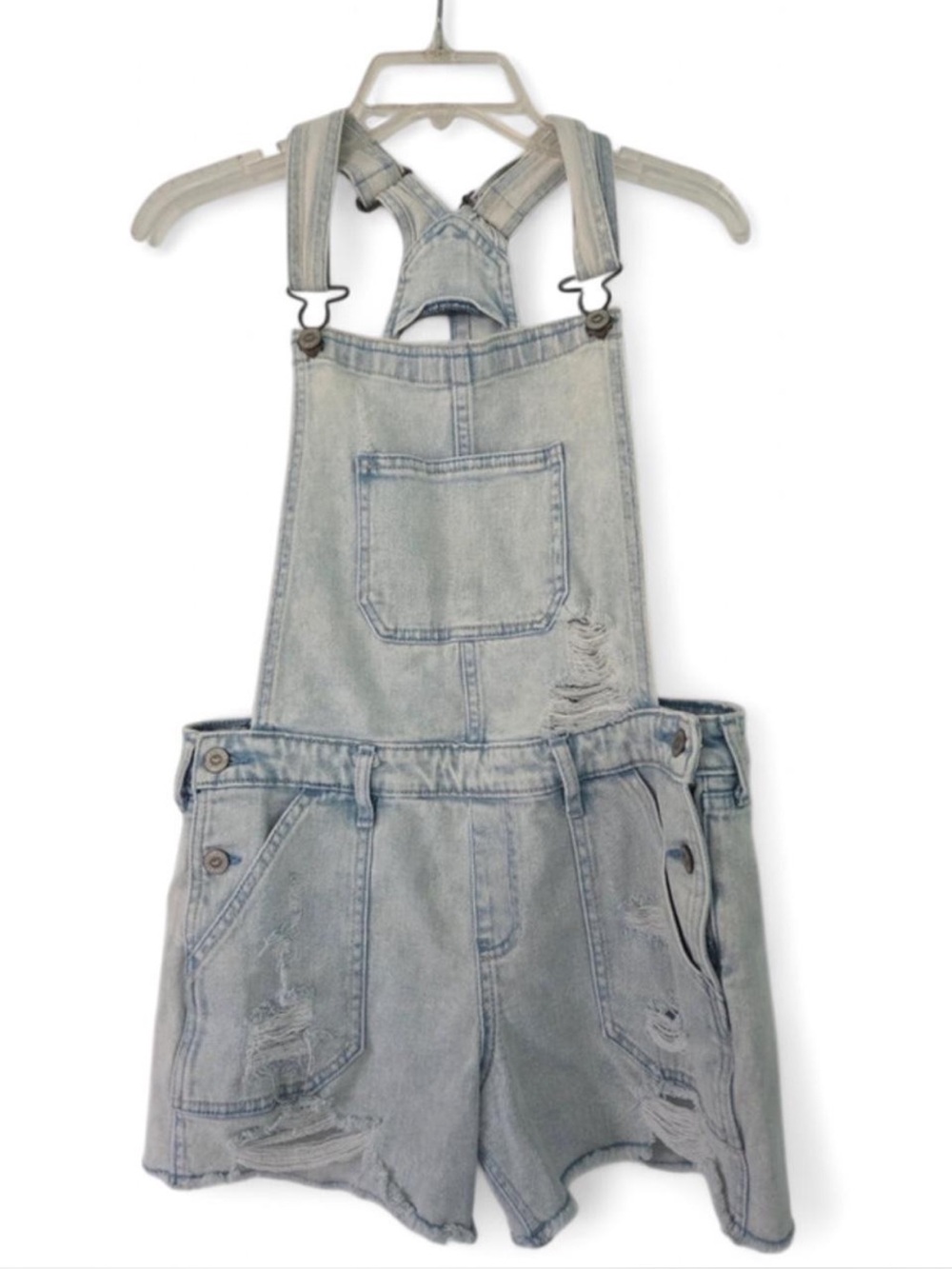 Hollister boyfriend short overalls, light wash denim, distressed detailing, M